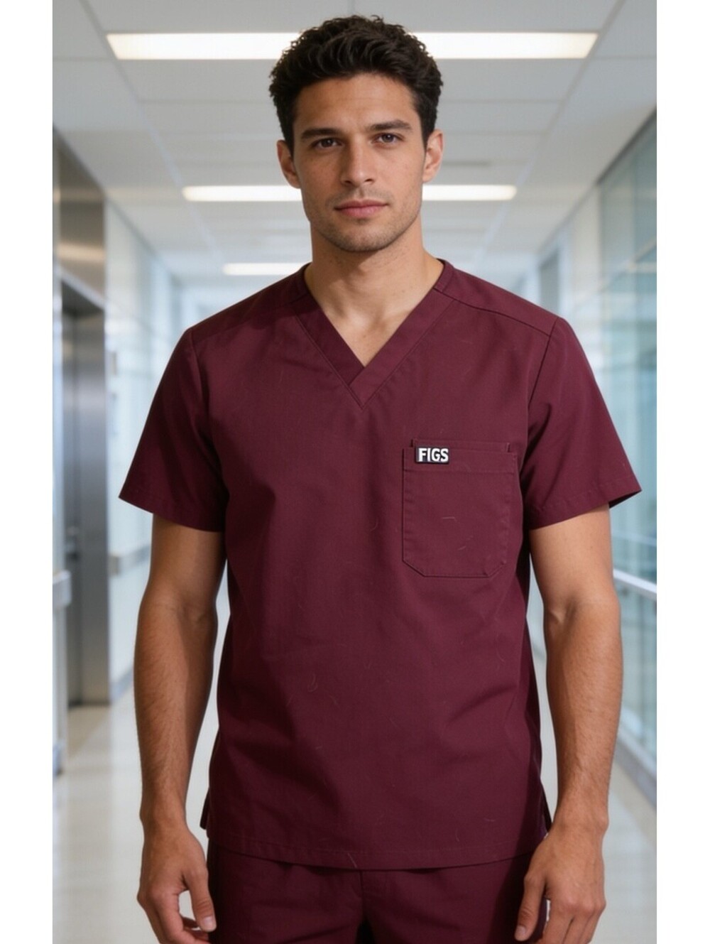 FIGS Leon Three-Pocket V Neck Scrub Top FM1500 Burgandy Men's Small Healthcare
